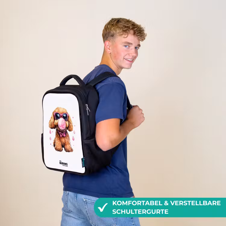 Kinderrucksack - Schwarz - Brauner Hund mit rosa Brille und Kaugummi — 9