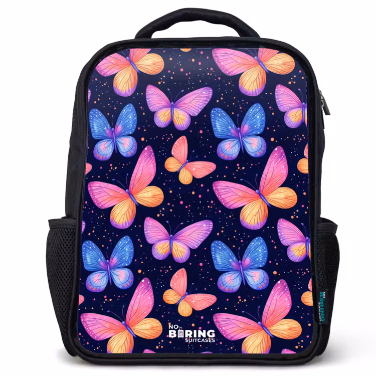 Kinderrucksack - Schwarz - Bunte Schmetterlinge in Rosa und Blau — 1