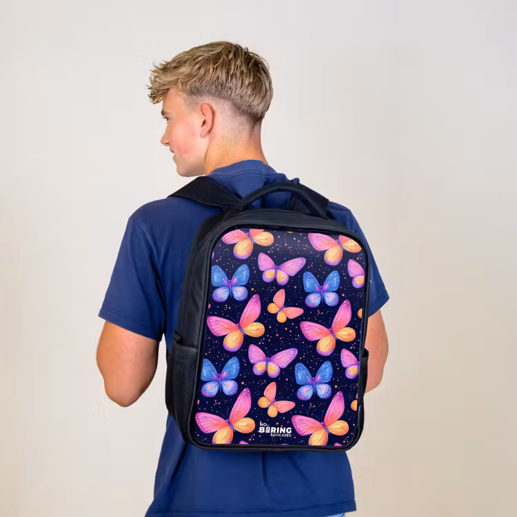 Kinderrucksack - Schwarz - Bunte Schmetterlinge in Rosa und Blau — 3