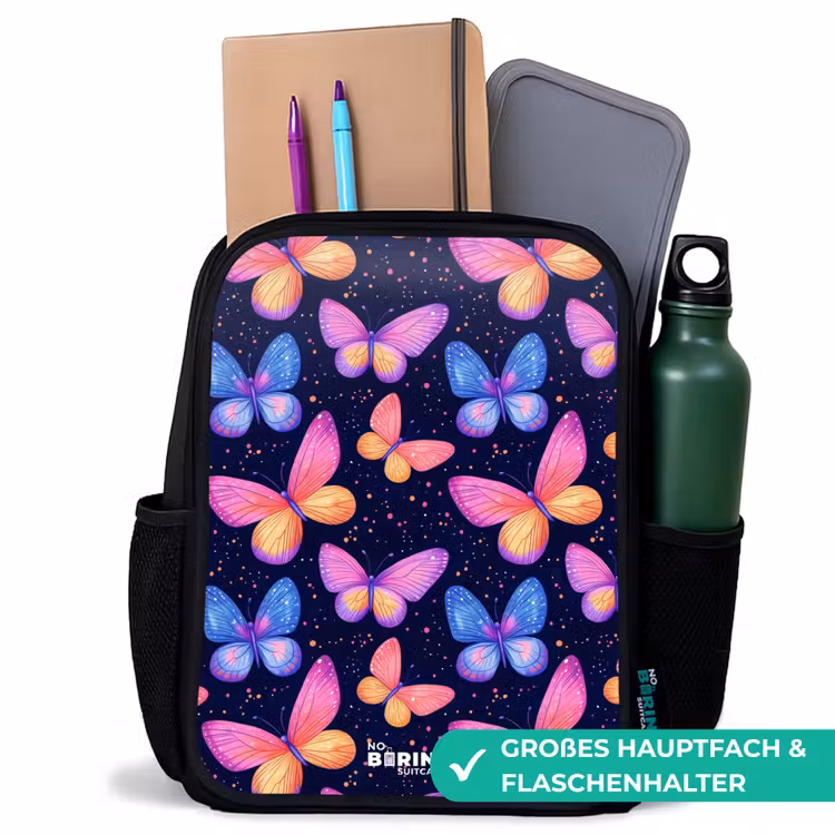 Kinderrucksack - Schwarz - Bunte Schmetterlinge in Rosa und Blau — 8