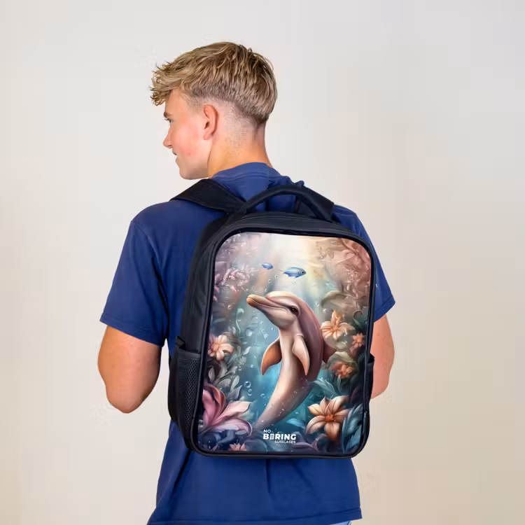 Kinderrucksack - Schwarz - Delfin und Fisch in der Unterwasserblumenwelt — 3