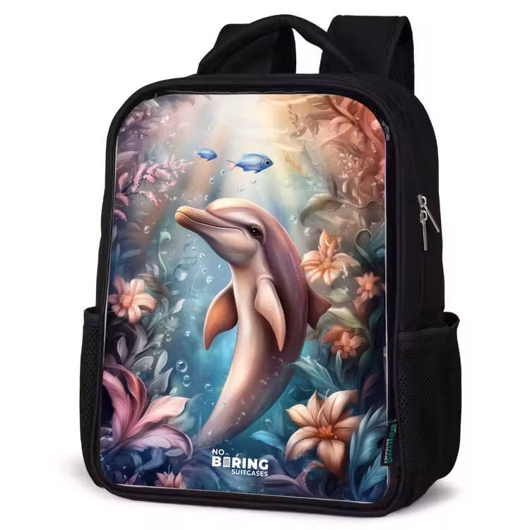 Kinderrucksack - Schwarz - Delfin und Fisch in der Unterwasserblumenwelt — 4