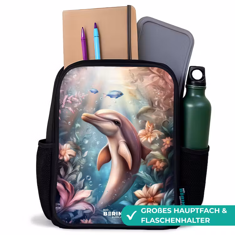 Kinderrucksack - Schwarz - Delfin und Fisch in der Unterwasserblumenwelt — 8