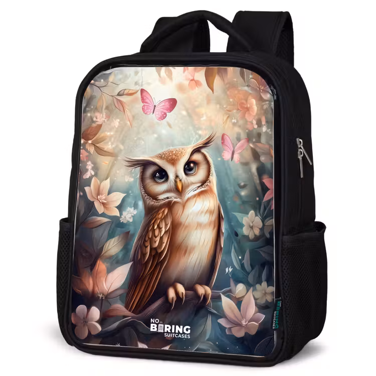 Kinderrucksack - Schwarz - Eule mit Schmetterlingen im mystischen Wald — 4