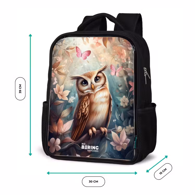 Kinderrucksack - Schwarz - Eule mit Schmetterlingen im mystischen Wald — 6
