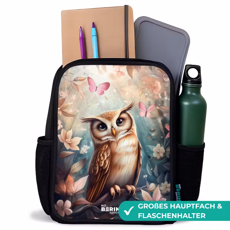 Kinderrucksack - Schwarz - Eule mit Schmetterlingen im mystischen Wald — 8