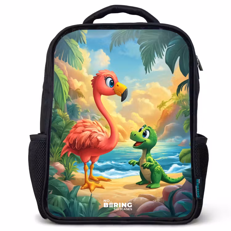 Kinderrucksack - Schwarz - Flamingo und Dinosaurier am Strand bei Sonnenuntergang — 1
