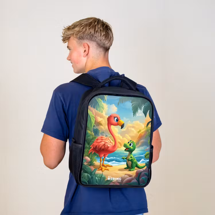 Kinderrucksack - Schwarz - Flamingo und Dinosaurier am Strand bei Sonnenuntergang — 3