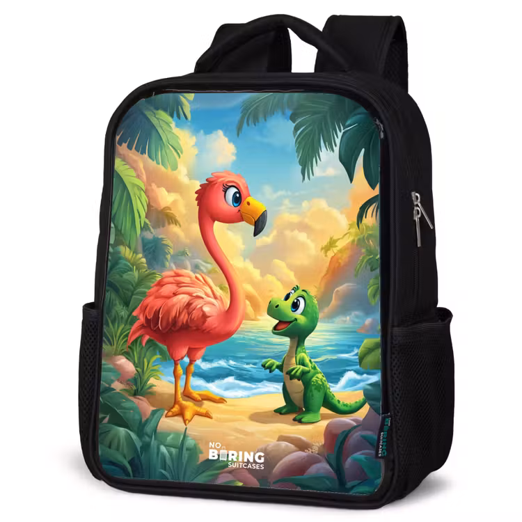 Kinderrucksack - Schwarz - Flamingo und Dinosaurier am Strand bei Sonnenuntergang — 4