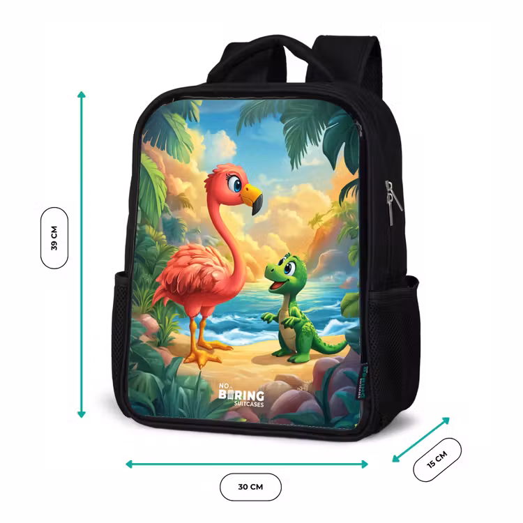 Kinderrucksack - Schwarz - Flamingo und Dinosaurier am Strand bei Sonnenuntergang — 6