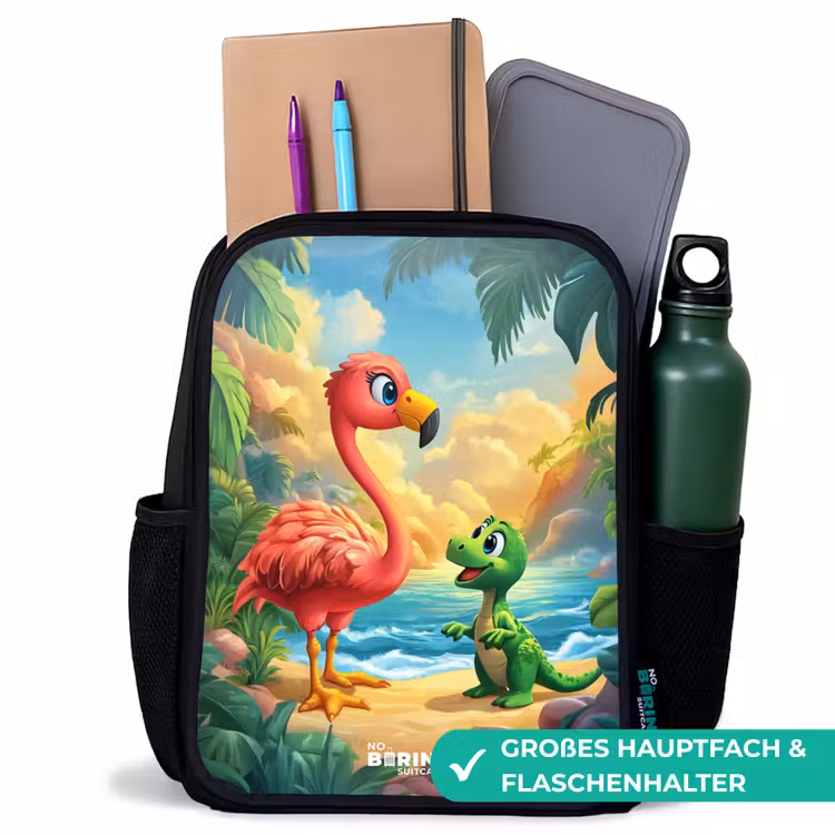 Kinderrucksack - Schwarz - Flamingo und Dinosaurier am Strand bei Sonnenuntergang — 8