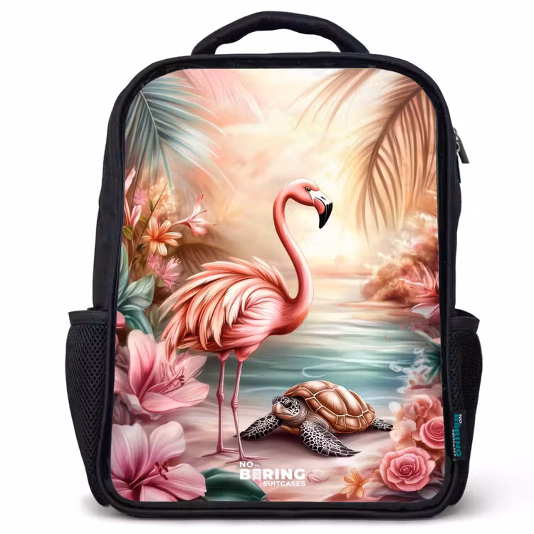 Kinderrucksack - Schwarz - Flamingo und Schildkröte an einem rosa Strand. — 1