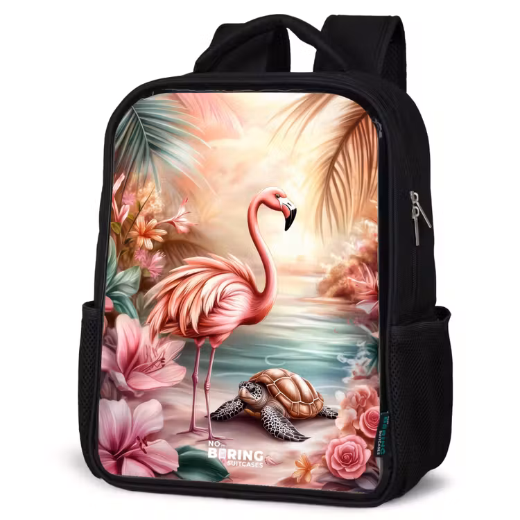 Kinderrucksack - Schwarz - Flamingo und Schildkröte an einem rosa Strand. — 4