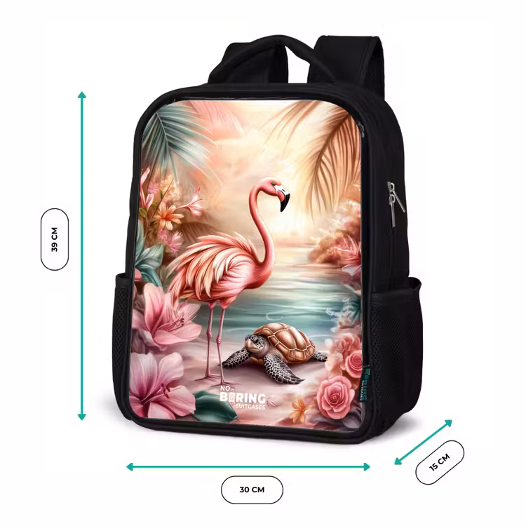 Kinderrucksack - Schwarz - Flamingo und Schildkröte an einem rosa Strand. — 6