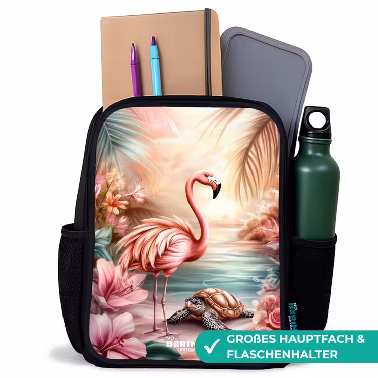 Kinderrucksack - Schwarz - Flamingo und Schildkröte an einem rosa Strand. — 8