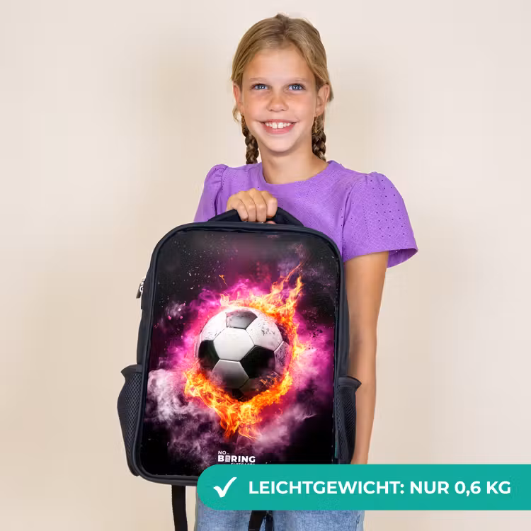 Kinderrucksack - Schwarz - Fußball in rosa Feuer Explosion — 7