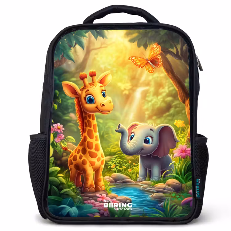 Kinderrucksack - Schwarz - Giraffe und Elefant am Bach im Dschungel — 1