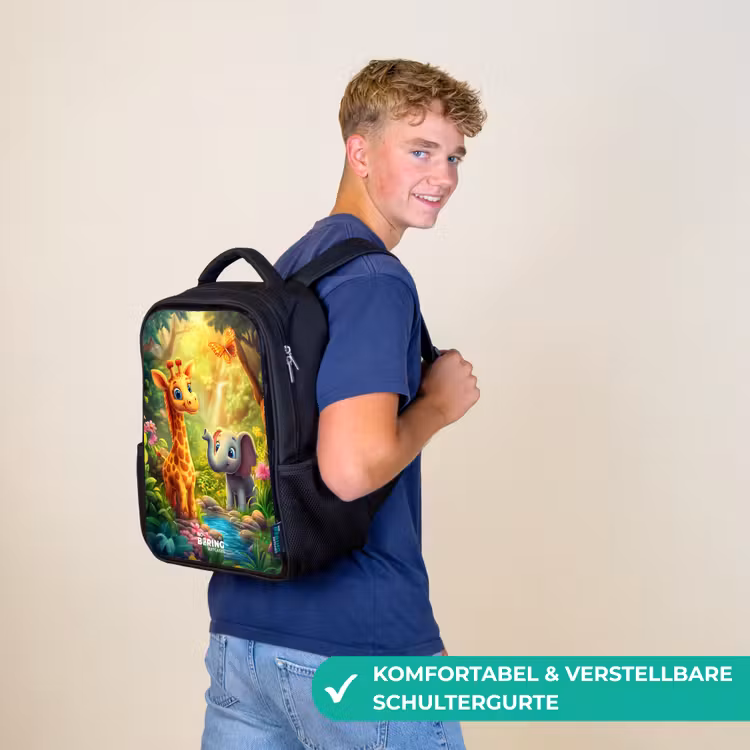Kinderrucksack - Schwarz - Giraffe und Elefant am Bach im Dschungel — 9