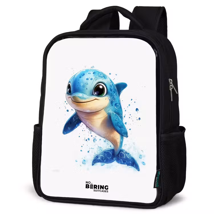 Kinderrucksack - Schwarz - Glücklicher Delphin mit Wassertropfen auf Weiß — 4