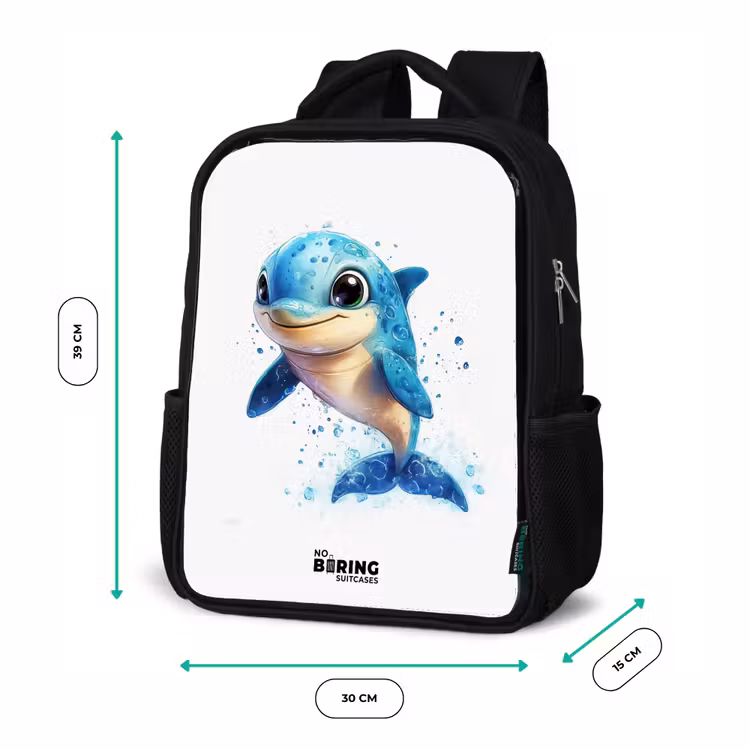 Kinderrucksack - Schwarz - Glücklicher Delphin mit Wassertropfen auf Weiß — 6