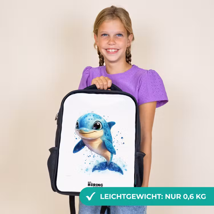 Kinderrucksack - Schwarz - Glücklicher Delphin mit Wassertropfen auf Weiß — 7