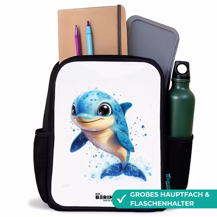 Kinderrucksack - Schwarz - Glücklicher Delphin mit Wassertropfen auf Weiß — 8