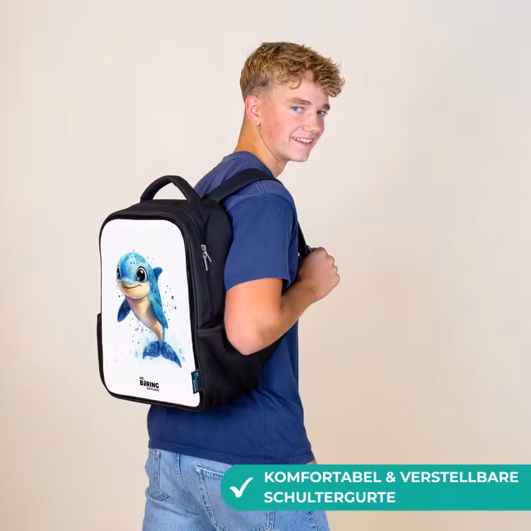 Kinderrucksack - Schwarz - Glücklicher Delphin mit Wassertropfen auf Weiß — 9