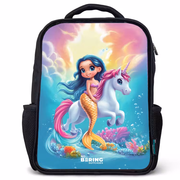 Kinderrucksack - Schwarz - Goldschwänzige Meerjungfrau mit weißem Einhorn — 1
