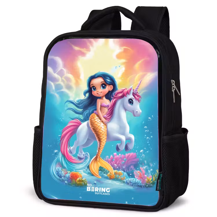 Kinderrucksack - Schwarz - Goldschwänzige Meerjungfrau mit weißem Einhorn — 4