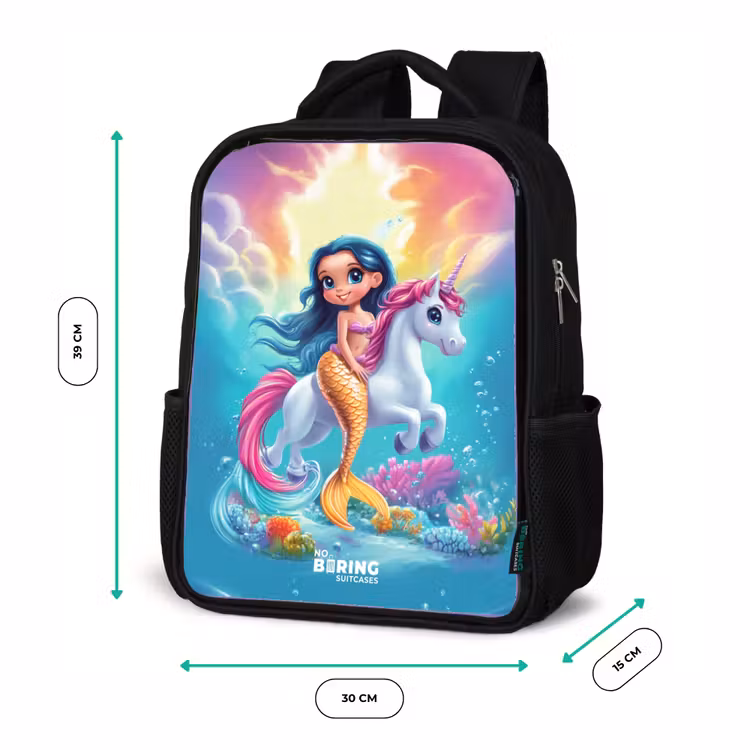 Kinderrucksack - Schwarz - Goldschwänzige Meerjungfrau mit weißem Einhorn — 6