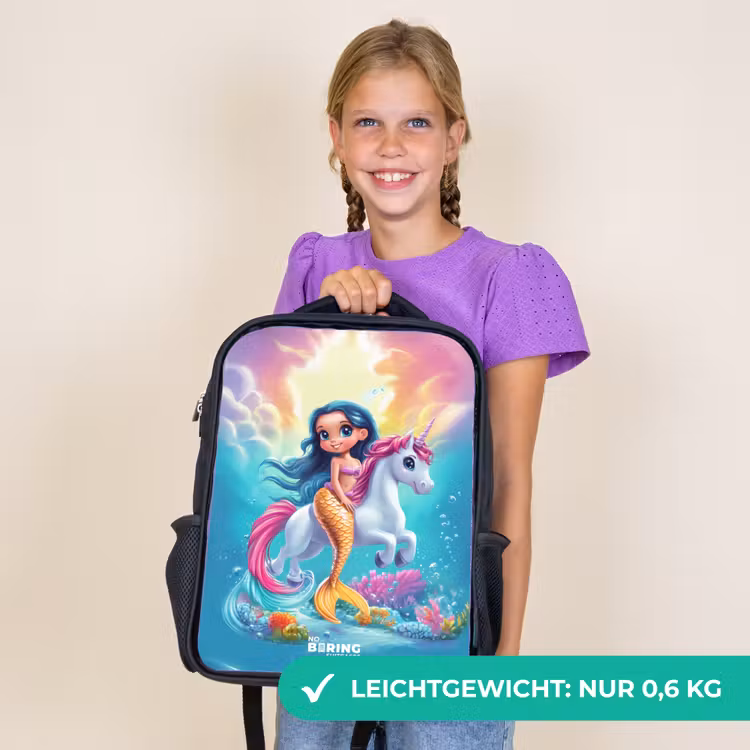 Kinderrucksack - Schwarz - Goldschwänzige Meerjungfrau mit weißem Einhorn — 7