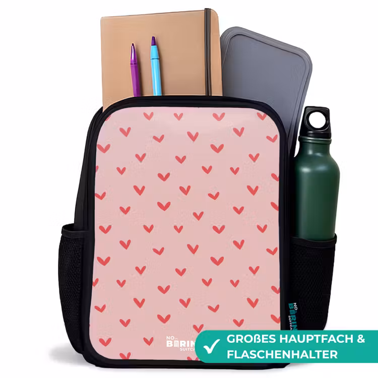 Kinderrucksack - Schwarz - Herzmuster mit rosa Farben — 8