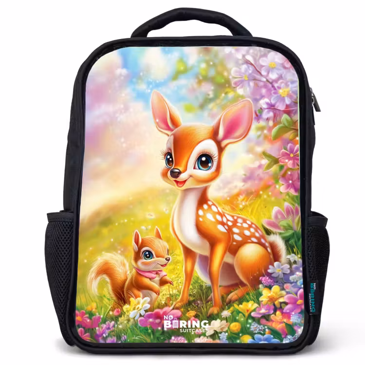 Kinderrucksack - Schwarz - Hirsch und Eichhörnchen in einem bunten Blumenfeld — 1