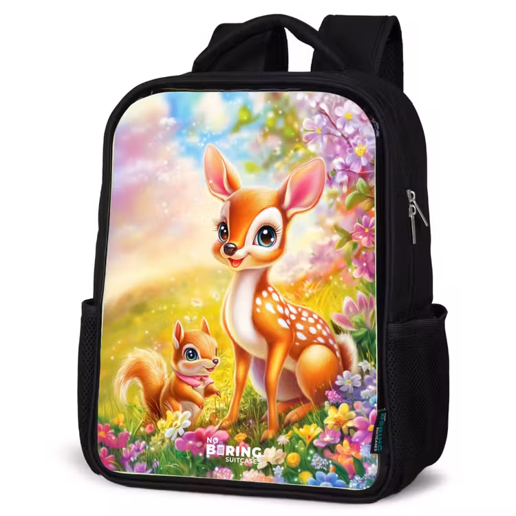 Kinderrucksack - Schwarz - Hirsch und Eichhörnchen in einem bunten Blumenfeld — 4