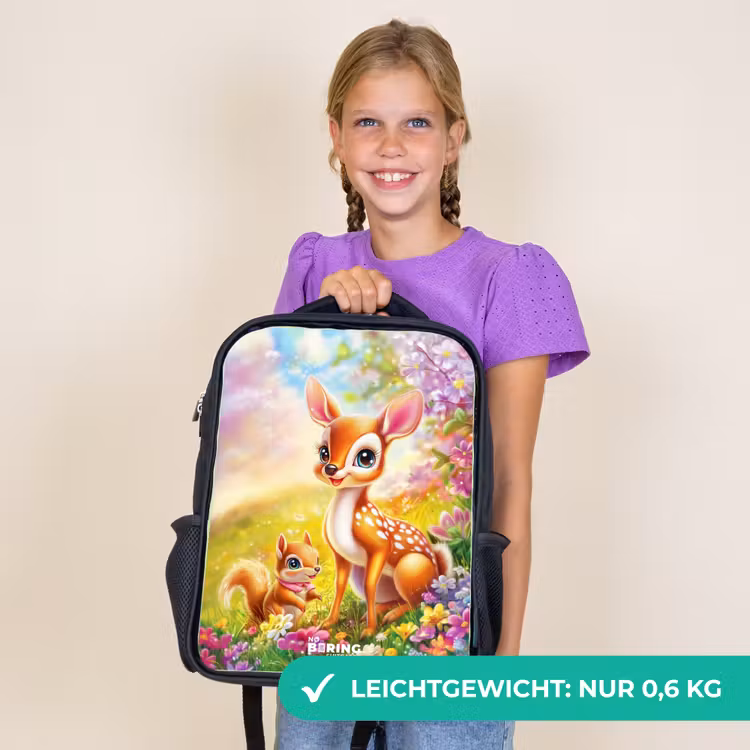 Kinderrucksack - Schwarz - Hirsch und Eichhörnchen in einem bunten Blumenfeld — 7