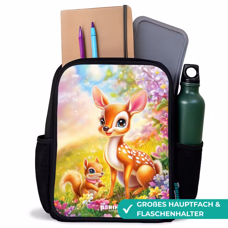 Kinderrucksack - Schwarz - Hirsch und Eichhörnchen in einem bunten Blumenfeld — 8