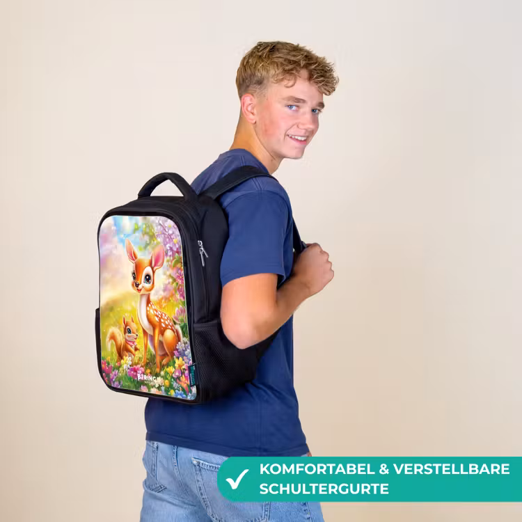 Kinderrucksack - Schwarz - Hirsch und Eichhörnchen in einem bunten Blumenfeld — 9