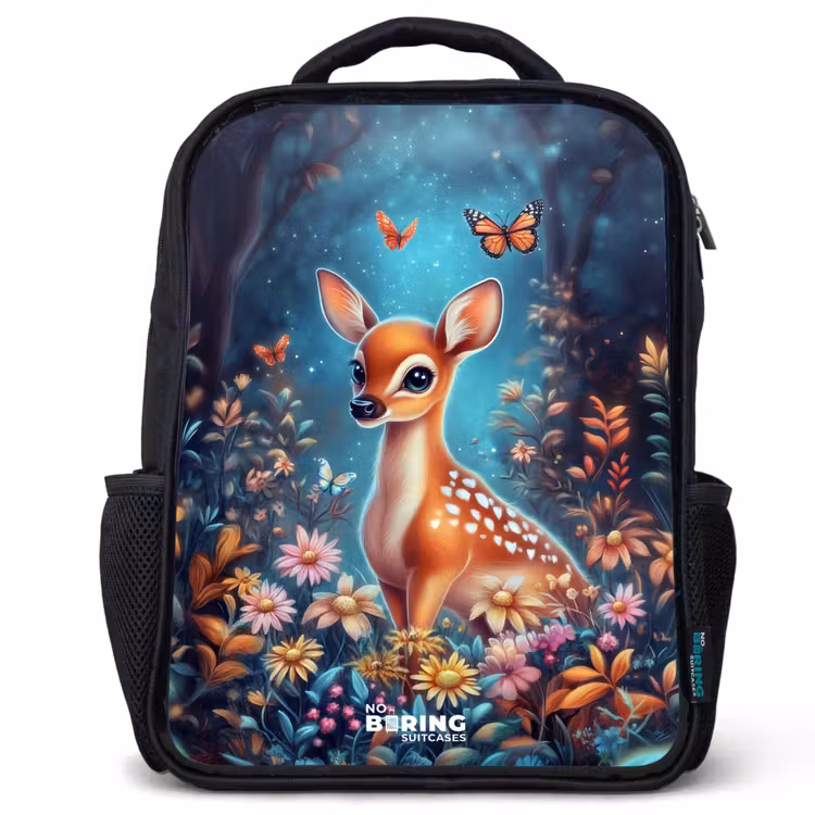 Kinderrucksack - Schwarz - Hirsche inmitten von Blumen im verwunschenen Wald — 1