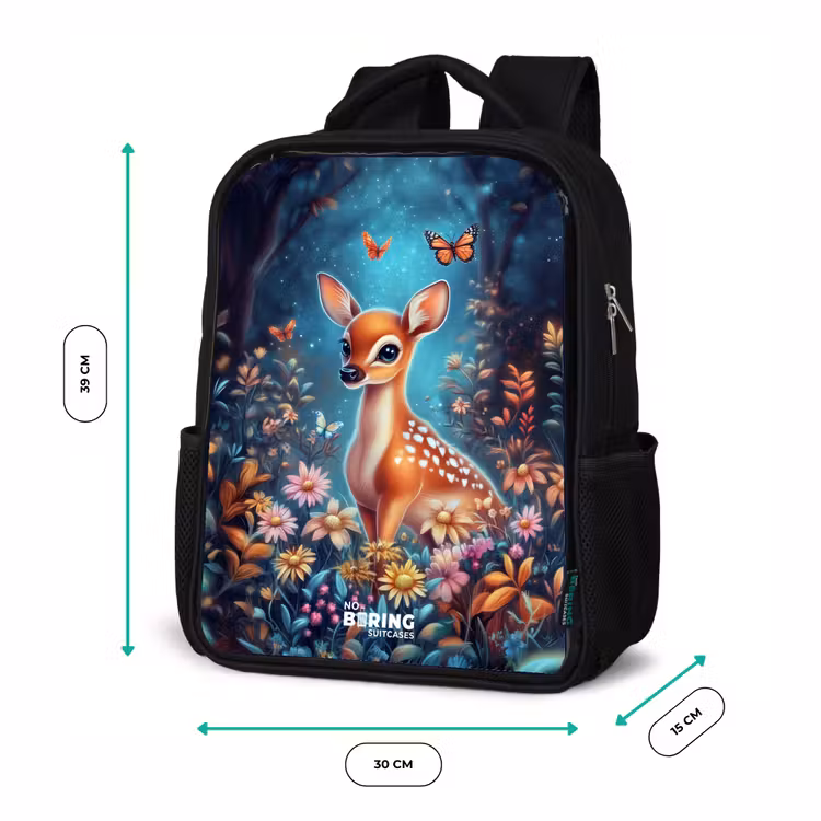 Kinderrucksack - Schwarz - Hirsche inmitten von Blumen im verwunschenen Wald — 6