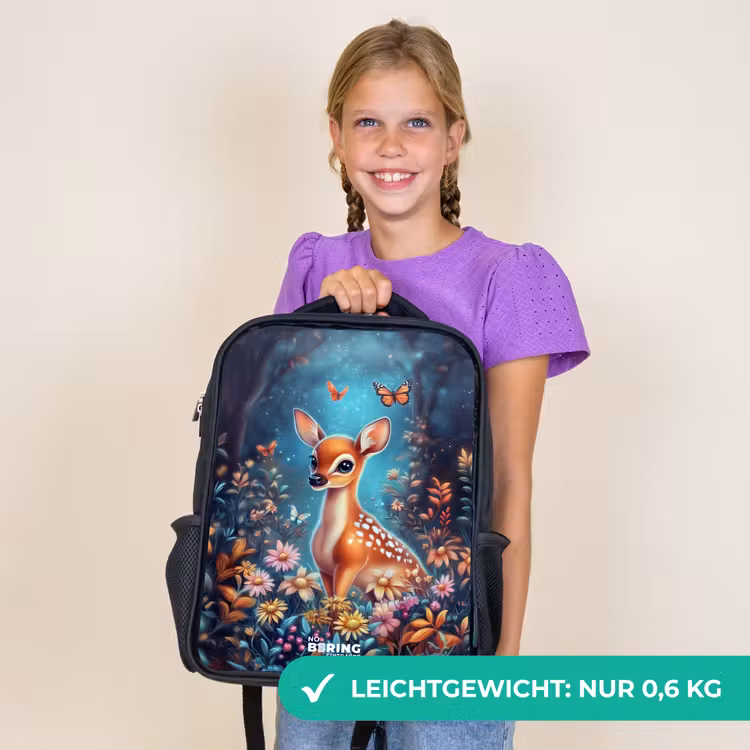 Kinderrucksack - Schwarz - Hirsche inmitten von Blumen im verwunschenen Wald — 7