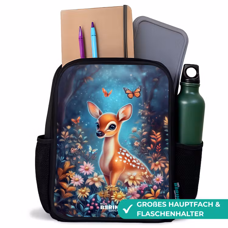 Kinderrucksack - Schwarz - Hirsche inmitten von Blumen im verwunschenen Wald — 8