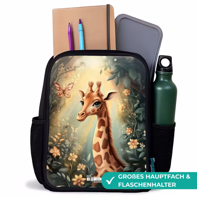 Kinderrucksack - Schwarz - Junge Giraffe zwischen Blumen im sonnigen Wald — 8