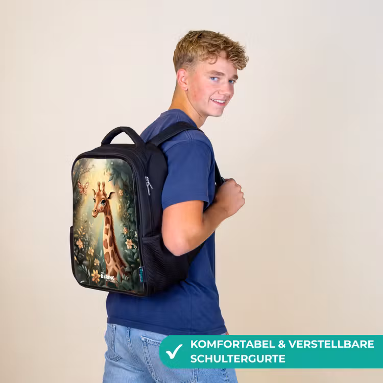 Kinderrucksack - Schwarz - Junge Giraffe zwischen Blumen im sonnigen Wald — 9