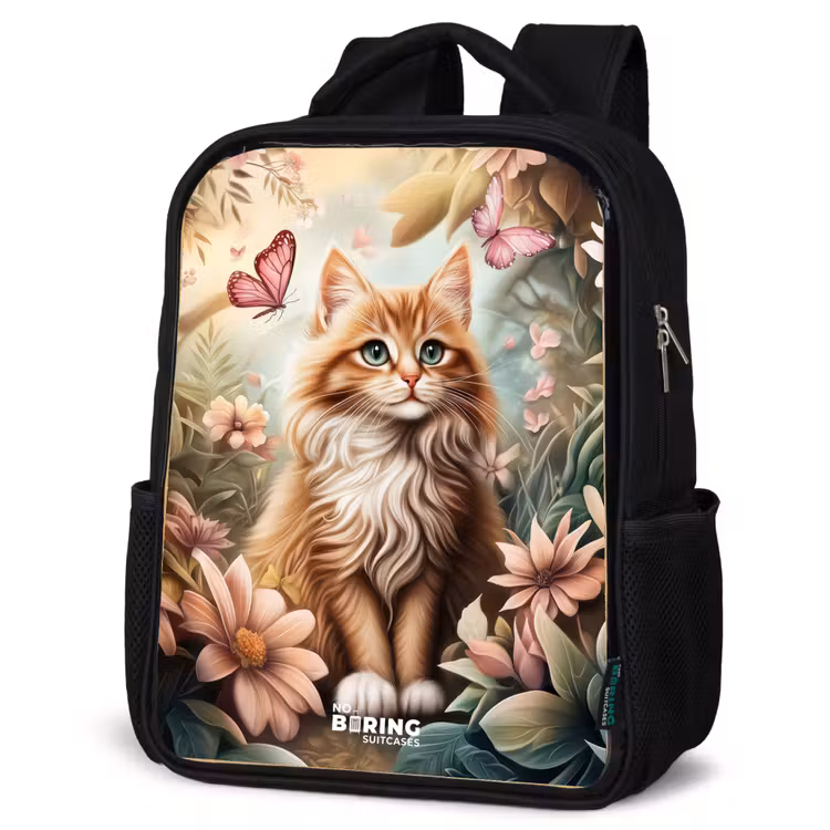 Kinderrucksack - Schwarz - Katze im Blumenfeld mit rosa Schmetterlingen. — 4