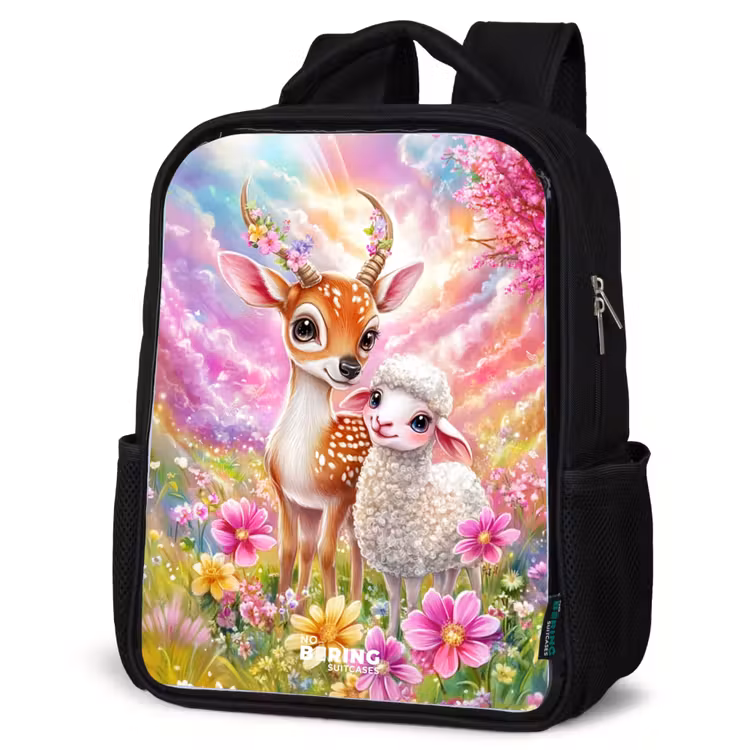 Kinderrucksack - Schwarz - Kleines Reh mit einem Lamm in einem pastellfarbenen Blumenfeld — 4