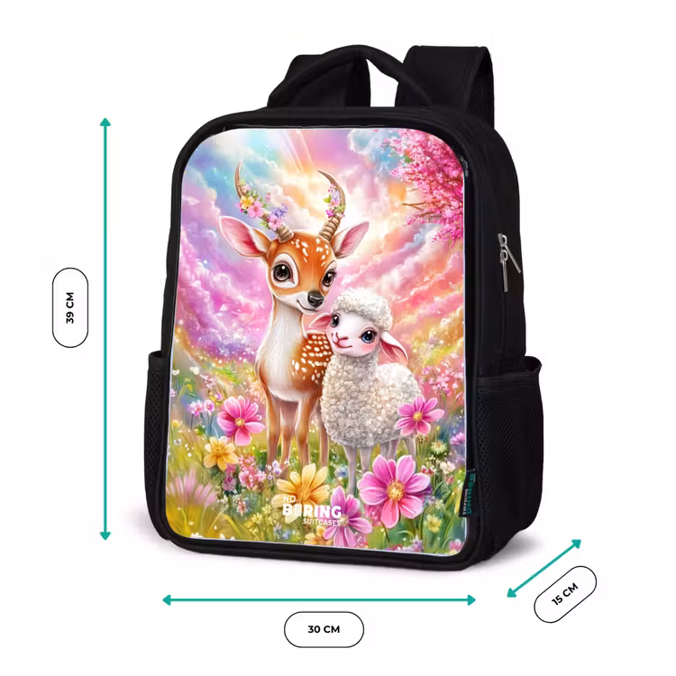 Kinderrucksack - Schwarz - Kleines Reh mit einem Lamm in einem pastellfarbenen Blumenfeld — 6