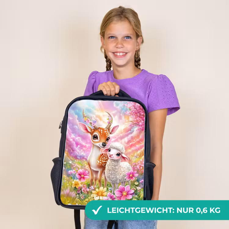 Kinderrucksack - Schwarz - Kleines Reh mit einem Lamm in einem pastellfarbenen Blumenfeld — 7