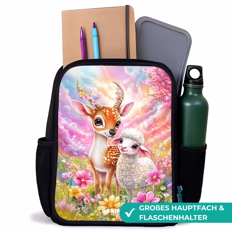 Kinderrucksack - Schwarz - Kleines Reh mit einem Lamm in einem pastellfarbenen Blumenfeld — 8