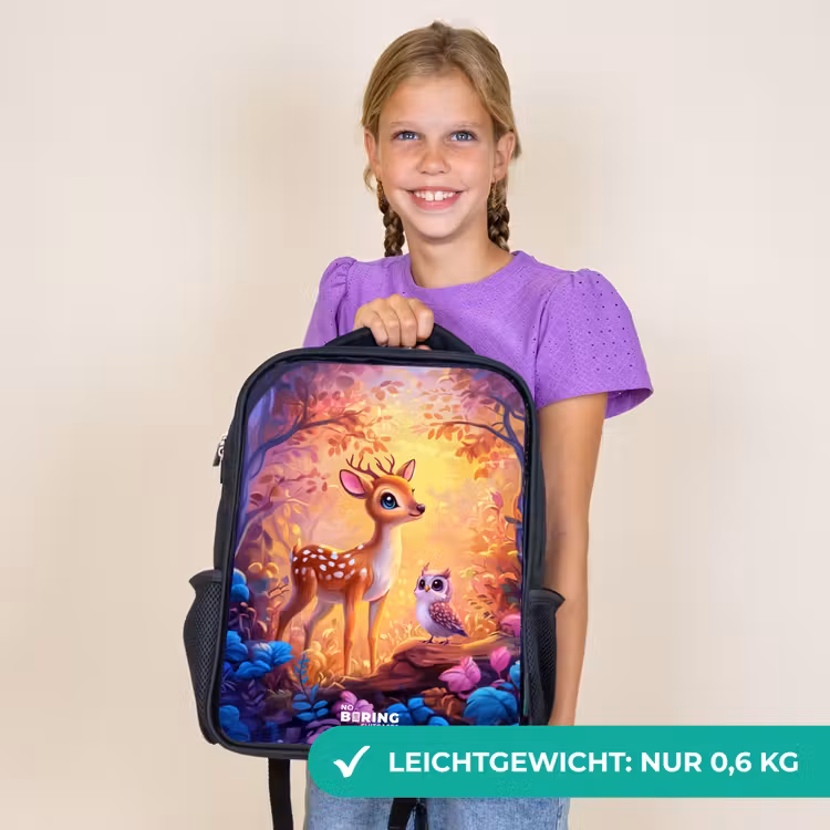 Kinderrucksack - Schwarz - Kleines Reh und Eule in einem rosa Märchenwald — 7