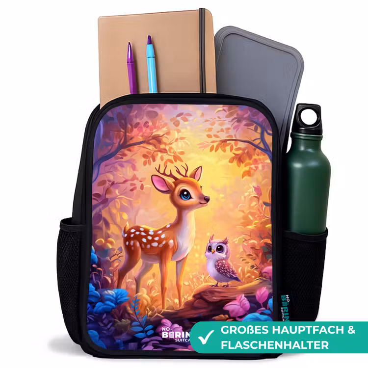 Kinderrucksack - Schwarz - Kleines Reh und Eule in einem rosa Märchenwald — 8
